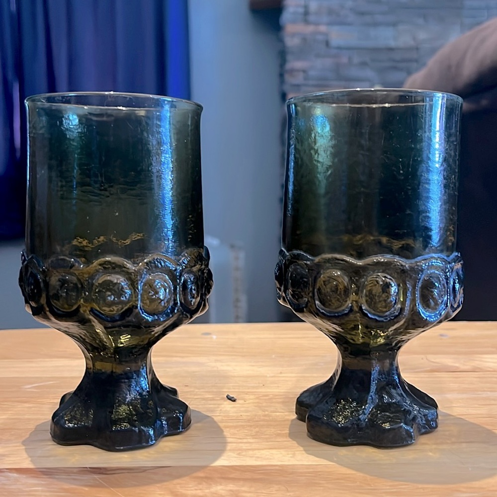 Tiffin Franciscan Madeira olive green 1960’s water wine glasses goblets vintage